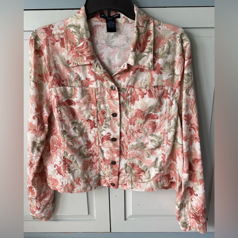 Saint Tropez West Floral Linen Button Down Jacket Size PM EUC